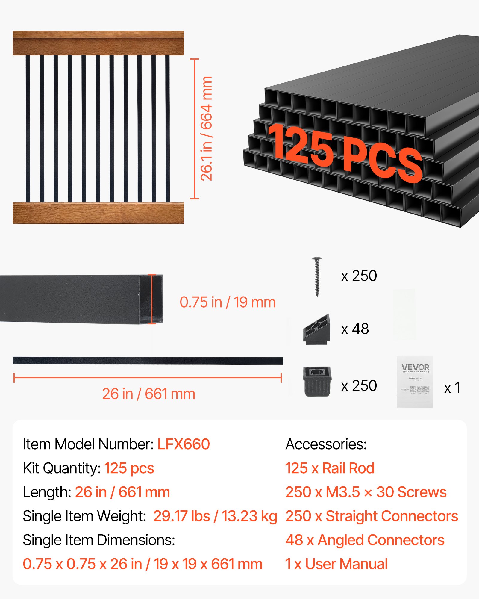 VEVOR 125 Pack Deck Balusters, 1.9 cm Square x 66.1 cm Long Aluminum Railing Spindles, Hollow Metal Decking Stair Balusters with Connectors, Screws, for Deck, Porch & Staircase Railing Fence, Black
