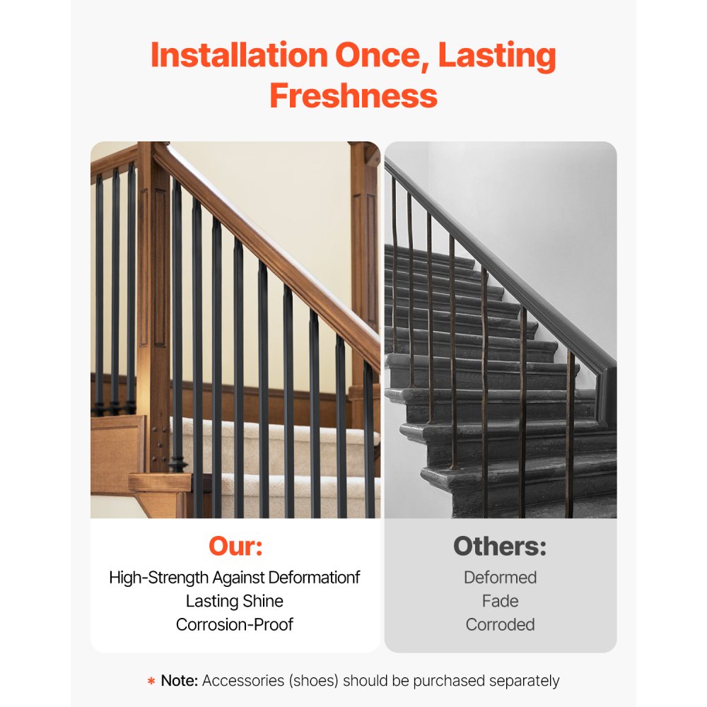 VEVOR Staircase Balusters 31 Pack, 44 Inch Durable Carbon Steel Stair Balusters, 0.5 Inch Indoor Square Metal Spindle Railing, Corrosion-Proof Hollow Deck Railing with Pre-Drilled Holes, Matte Black