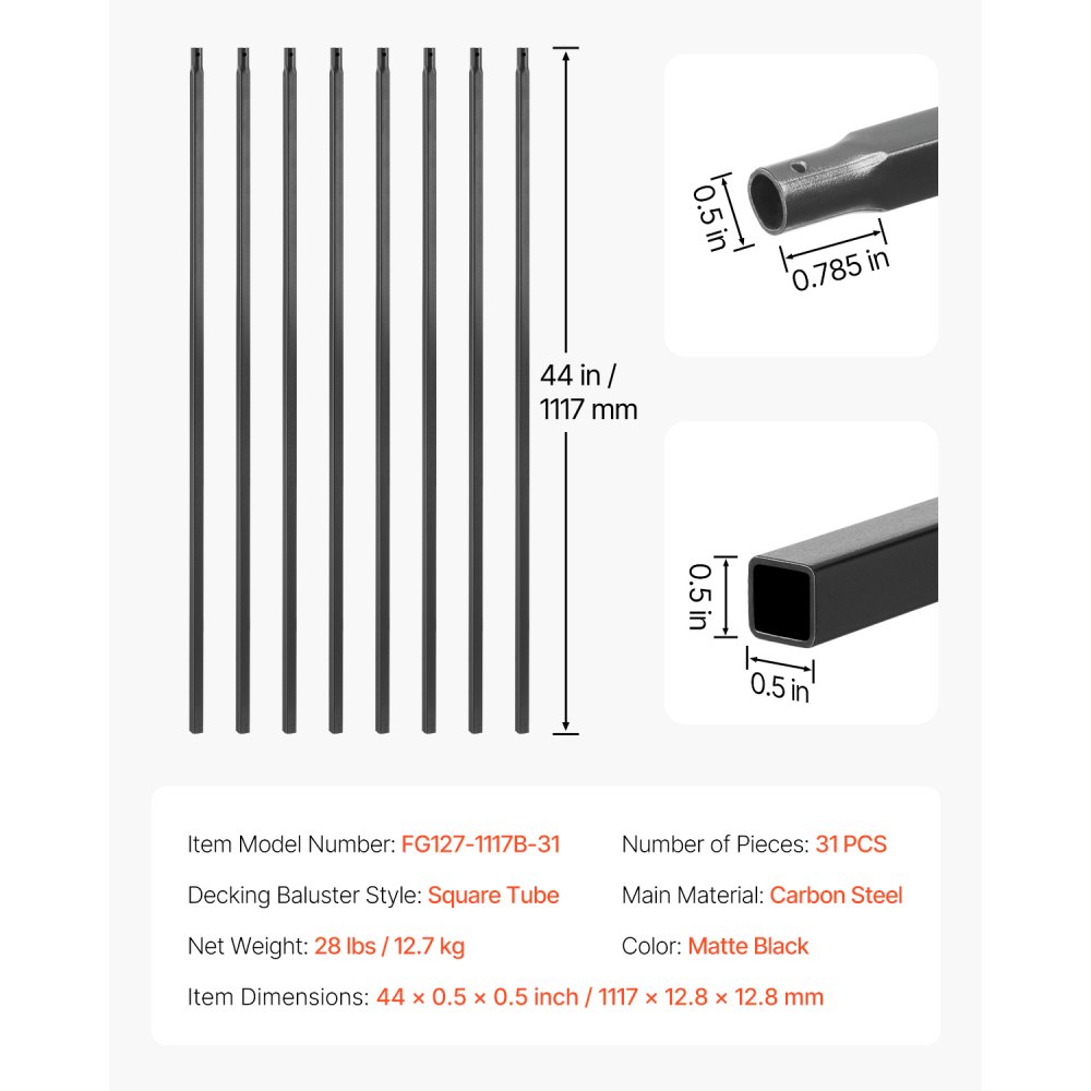 VEVOR Staircase Balusters 31 Pack, 44 Inch Durable Carbon Steel Stair Balusters, 0.5 Inch Indoor Square Metal Spindle Railing, Corrosion-Proof Hollow Deck Railing with Pre-Drilled Holes, Matte Black