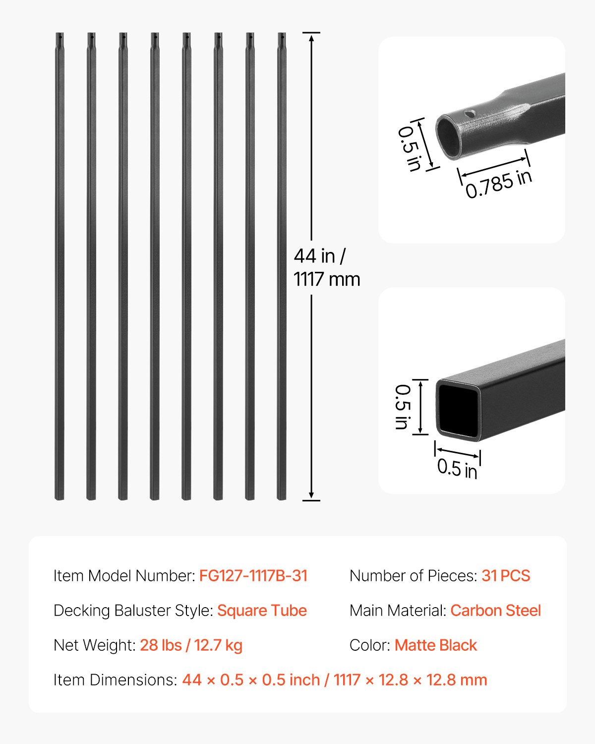 VEVOR Staircase Balusters 31 Pack, 44 Inch Durable Carbon Steel Stair Balusters, 0.5 Inch Indoor Square Metal Spindle Railing, Corrosion-Proof Hollow Deck Railing with Pre-Drilled Holes, Matte Black