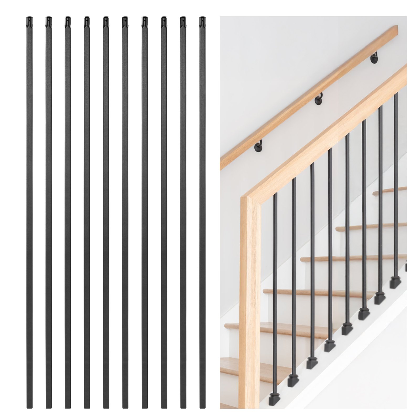 VEVOR Staircase Balusters 31 Pack, 44 Inch Durable Carbon Steel Stair Balusters, 0.5 Inch Indoor Square Metal Spindle Railing, Corrosion-Proof Hollow Deck Railing with Pre-Drilled Holes, Matte Black