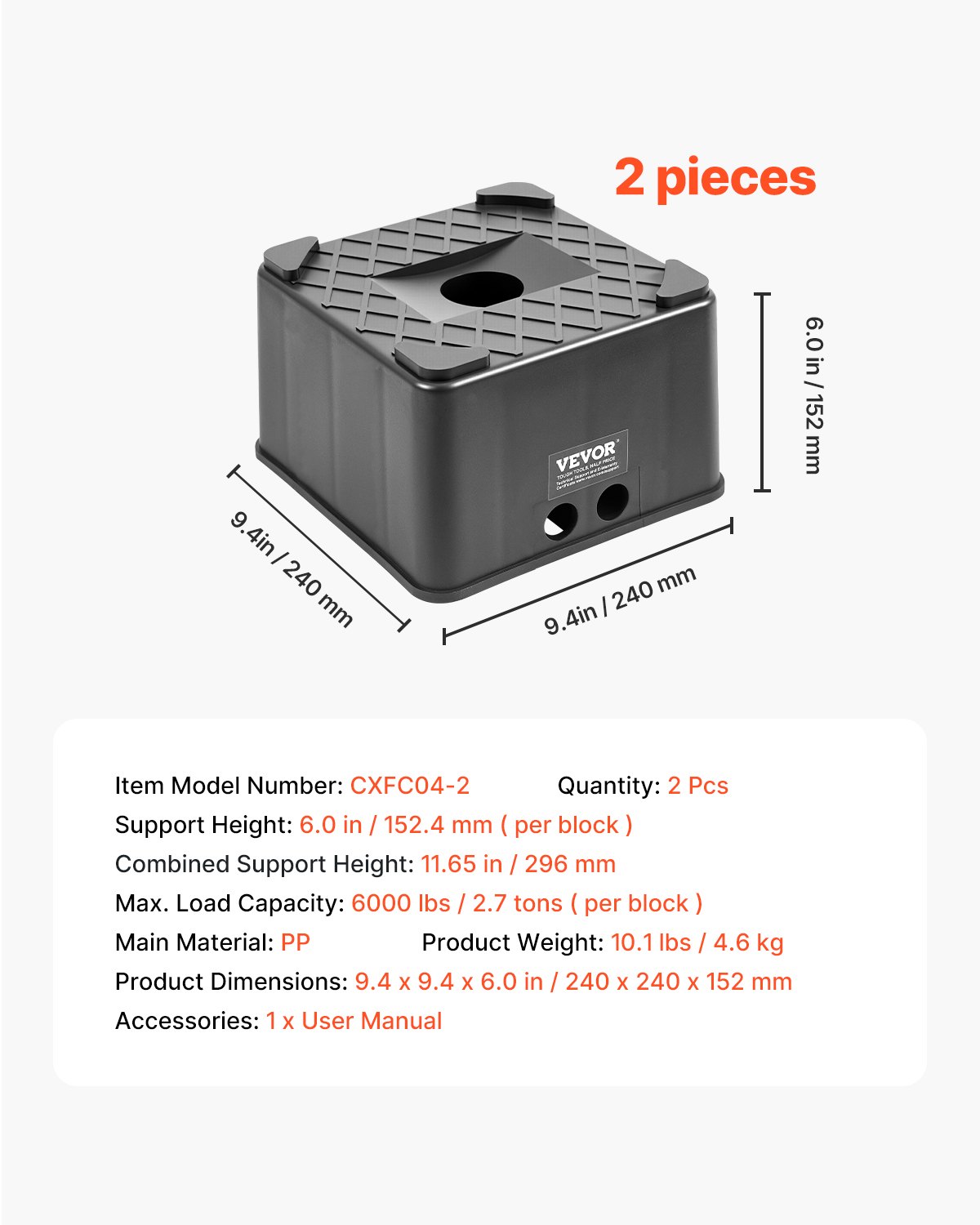 VEVOR Trailer Jack Blocks, 6" High Heavy Duty RV Leveling Blocks, Each with 6000 lbs Capacity, as RV Jack Stand, Stool, Camper Accessories, for Travel Trailers, 5th Wheels Class A/C Motorhomes, 2 Pcs