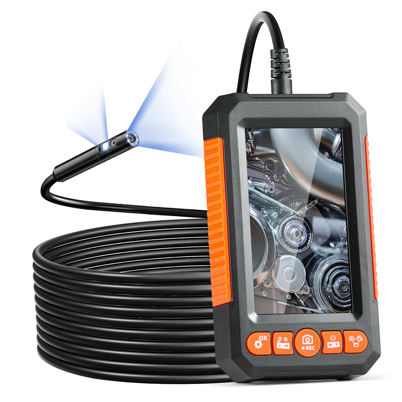 VEVOR Endoscope Camera with Light, Dual Lens Industrial Borescope, 4.3" Screen 1080P Inspection Camera, 8 + 1 Lights, 4X Zoom, IP67 Waterproof Snake Camera for Auto, Plumbing (16.4FT Cable, 32GB Card)