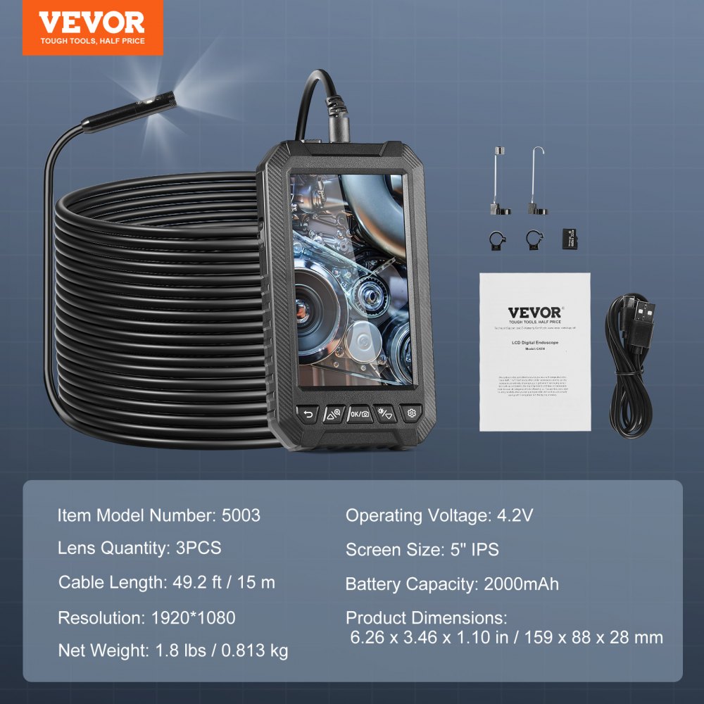 VEVOR Endoscope Camera with Lights Triple Lens Borescope 1499.6 cm Cable 12.7 cm Screen