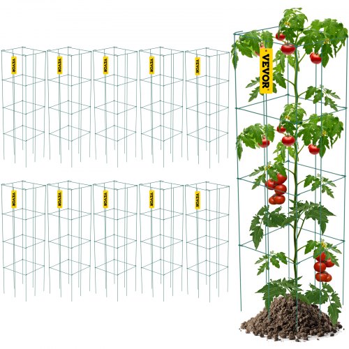 VEVOR Tomato Cages, 11.8\" x 11.8\" x 46.1\", 10 Packs Square Plant Support Cages, Green PVC-Coated Steel Tomato Towers for Climbing Vegetables, Plants, Flowers, Fruits
