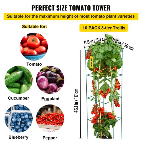 VEVOR Tomato Cages, 11.8" x 11.8" x 46.1", 10 Packs Square Plant Support Cages, Green PVC-Coated Steel Tomato Towers for Climbing Vegetables, Plants, Flowers, Fruits