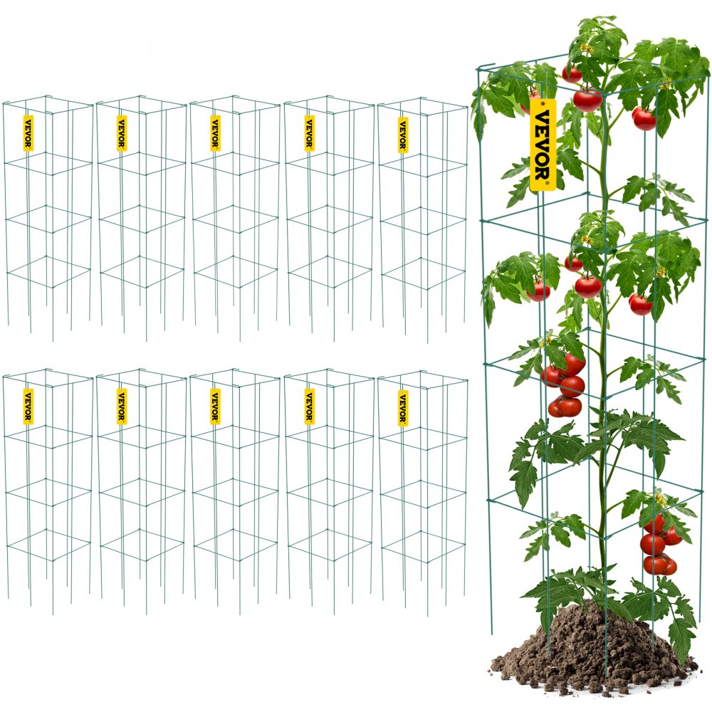 VEVOR Tomato Cages, 11.8" x 11.8" x 46.1", 10 Packs Square Plant Support Cages, Silver PVC-coated Steel Tomato Towers for Climbing Vegetables, Plants, Flowers, Fruits