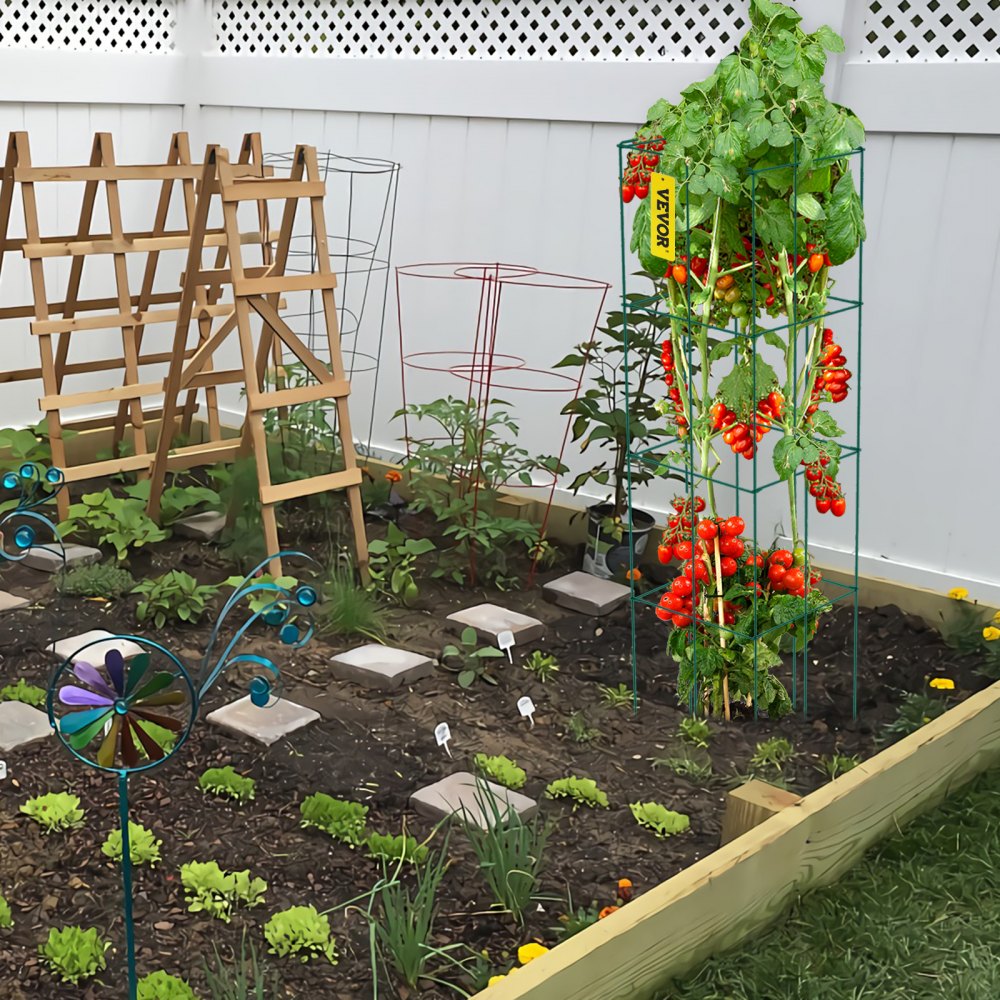 VEVOR Tomato Cages, 11.8\" x 11.8\" x 46.1\", 10 Packs Square Plant Support Cages, Green PVC-Coated Steel Tomato Towers for Climbing Vegetables, Plants, Flowers, Fruits