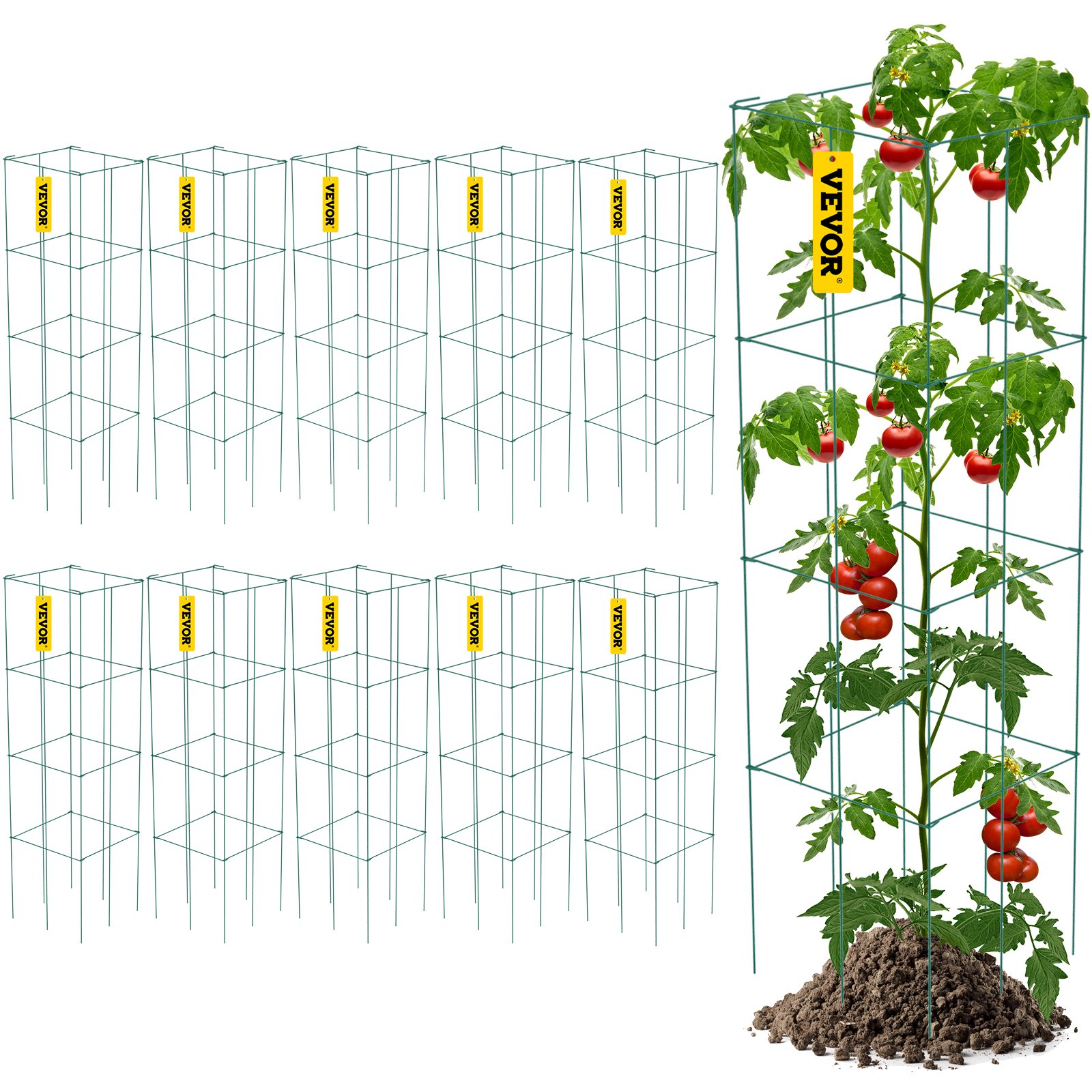 VEVOR Tomato Cages, 11.8\" x 11.8\" x 46.1\", 10 Packs Square Plant Support Cages, Green PVC-Coated Steel Tomato Towers for Climbing Vegetables, Plants, Flowers, Fruits