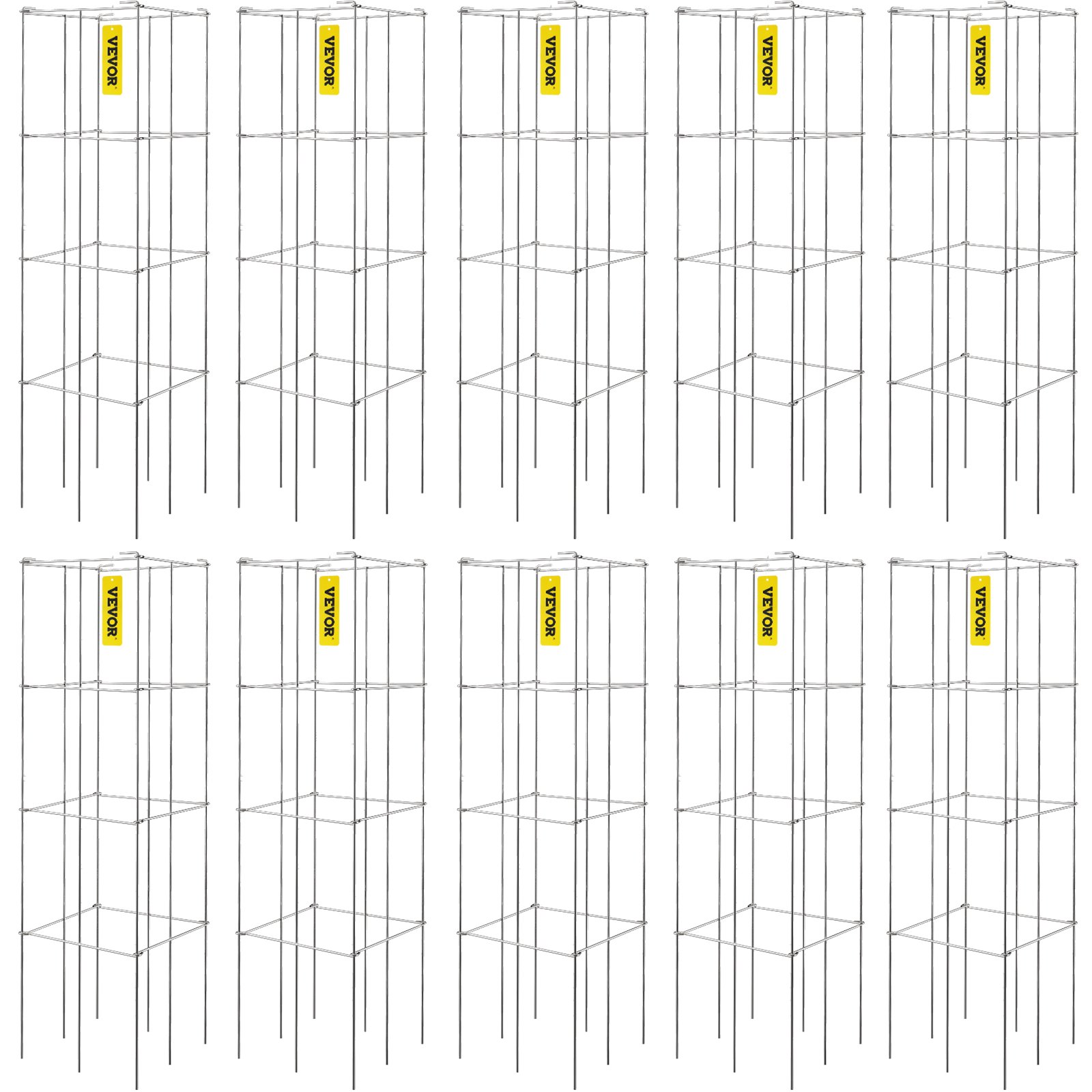VEVOR Tomato Cages, 11.8" x 11.8" x 46.1", 10 Packs Square Plant Support Cages, Silver PVC-Coated Steel Tomato Towers for Climbing Vegetables, Plants, Flowers, Fruits