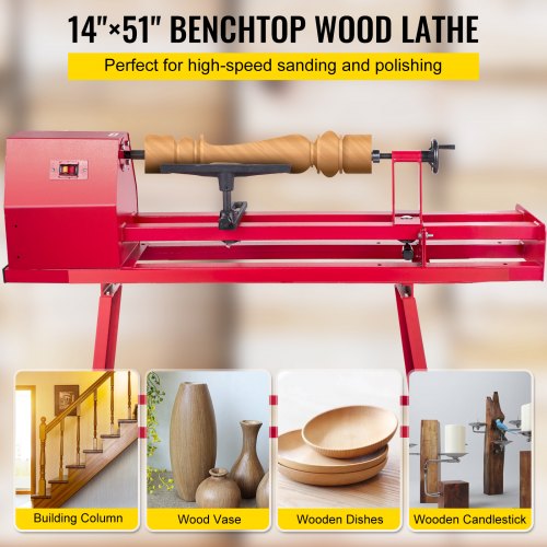 VEVOR Benchtop Wood Lathe, 14"×51" Power Wood Lathe, 750W mini lathe, 4 Speed 1100-3400RPM Woodworking Wood Lathe, Lathe Machine with 3 Chisels for High Speed Sanding and Polishing of Finished Work