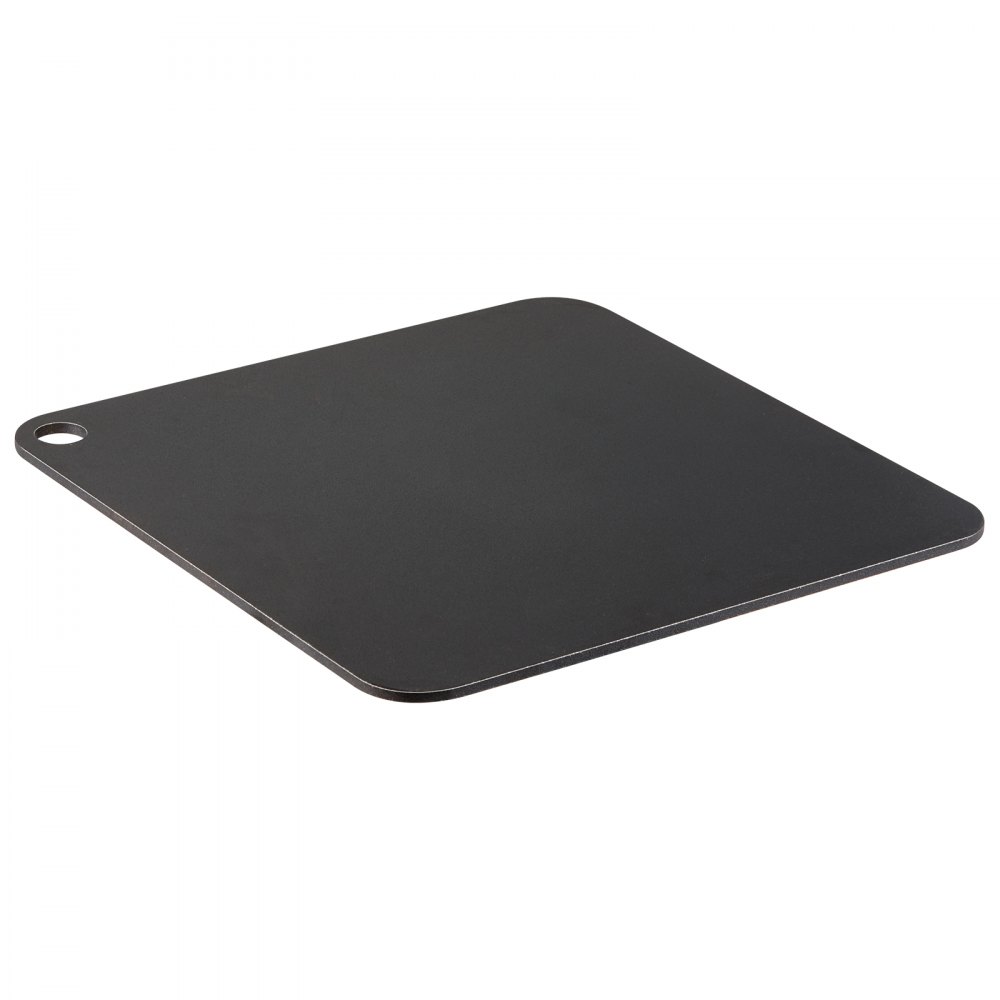 black VEVOR pizza steel with rounded corners and a hanging hole on a white background.