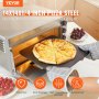 VEVOR pizza steel in use, holding a freshly baked cheese pizza with oven mitts next to grapes and tomatoes.