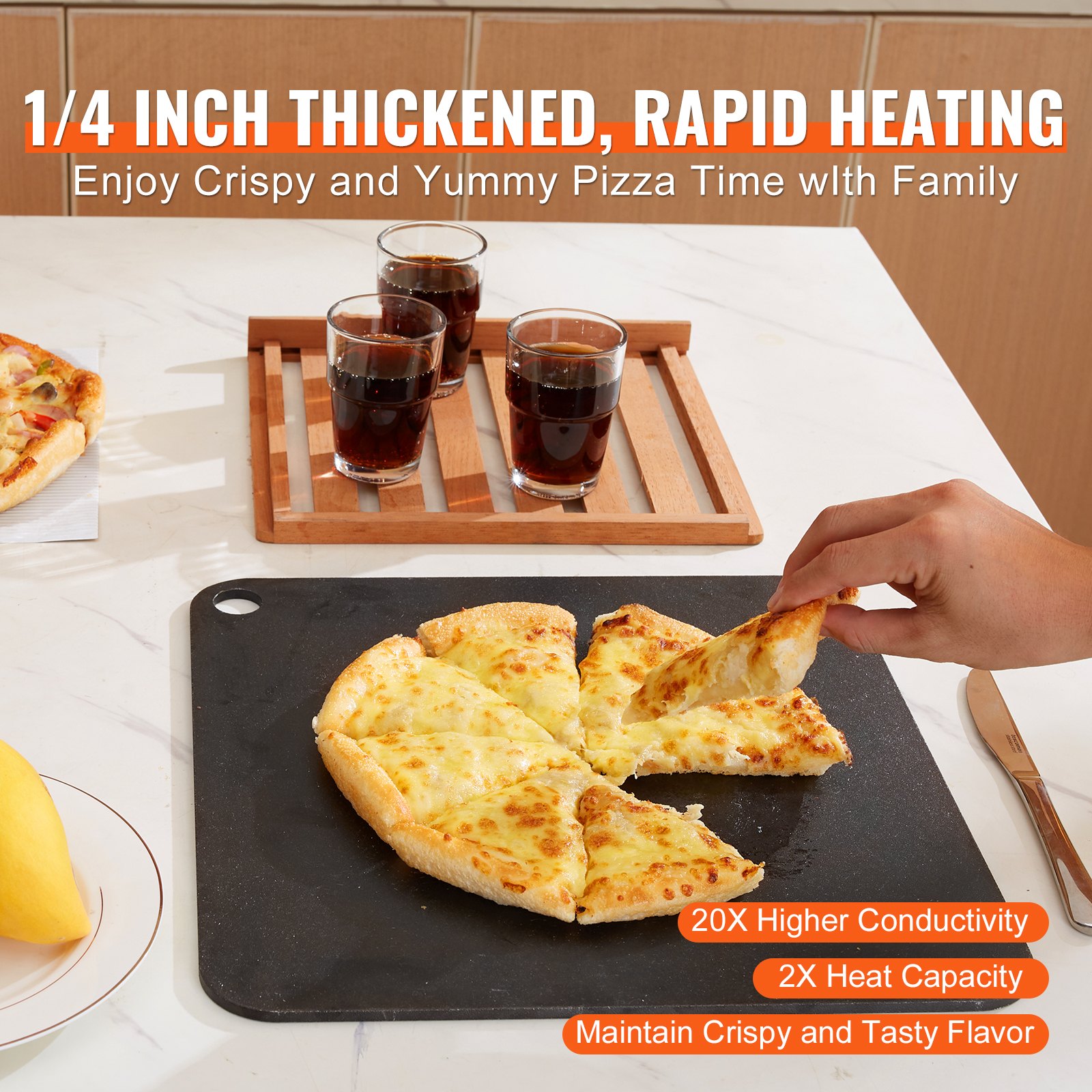 hand lifting a pizza slice from VEVOR pizza steel with drinks and pizza on a white table; rapid heating benefits.