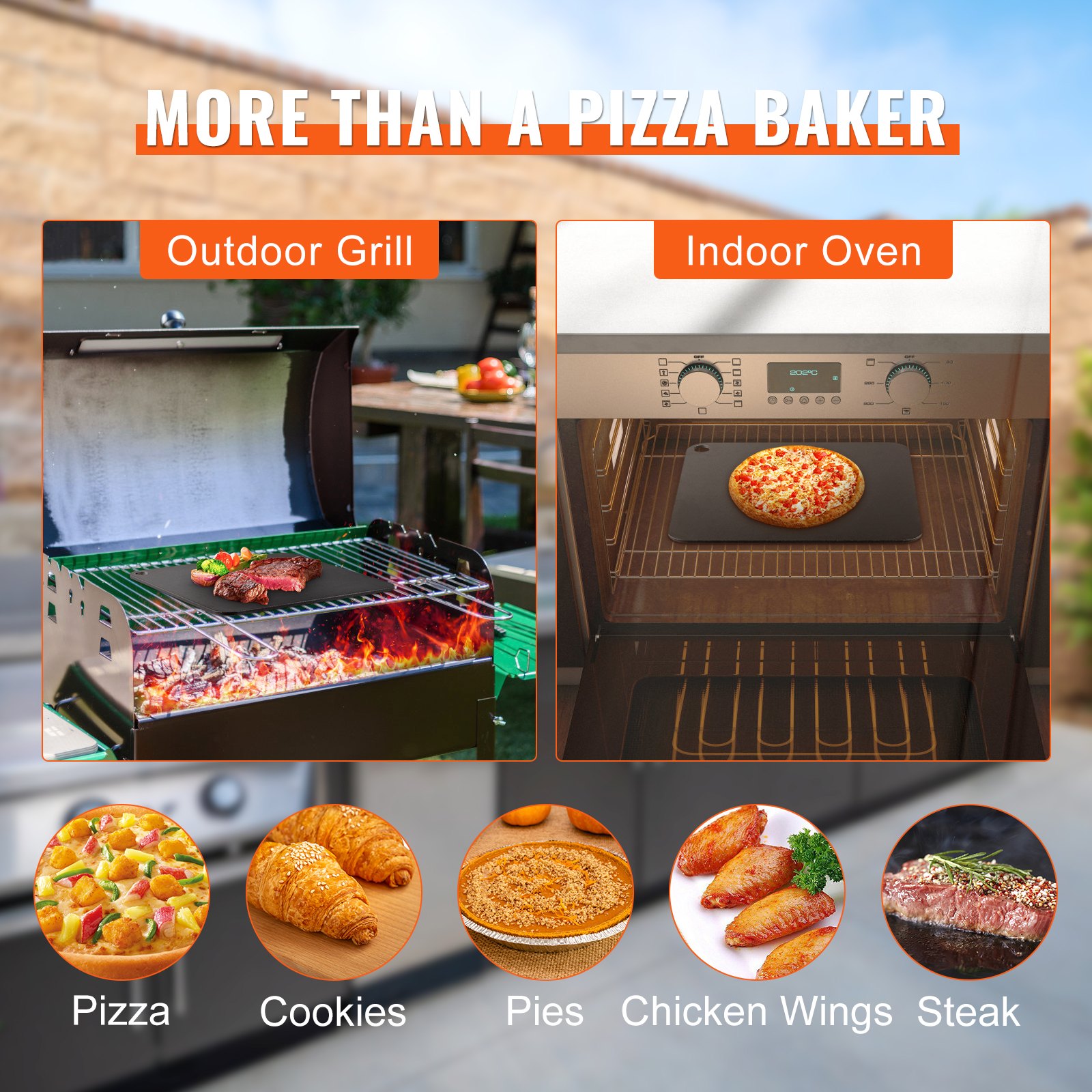 VEVOR pizza steel in use on an outdoor grill and indoor oven, with various baked goods displayed.