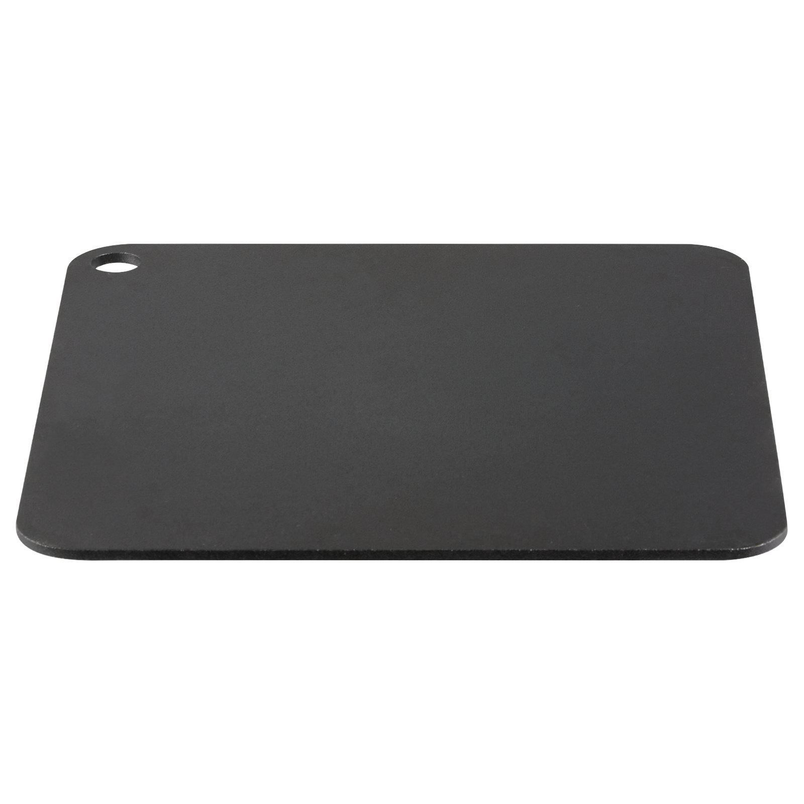 flat black VEVOR pizza steel with rounded corners and a hole in one corner for hanging.
