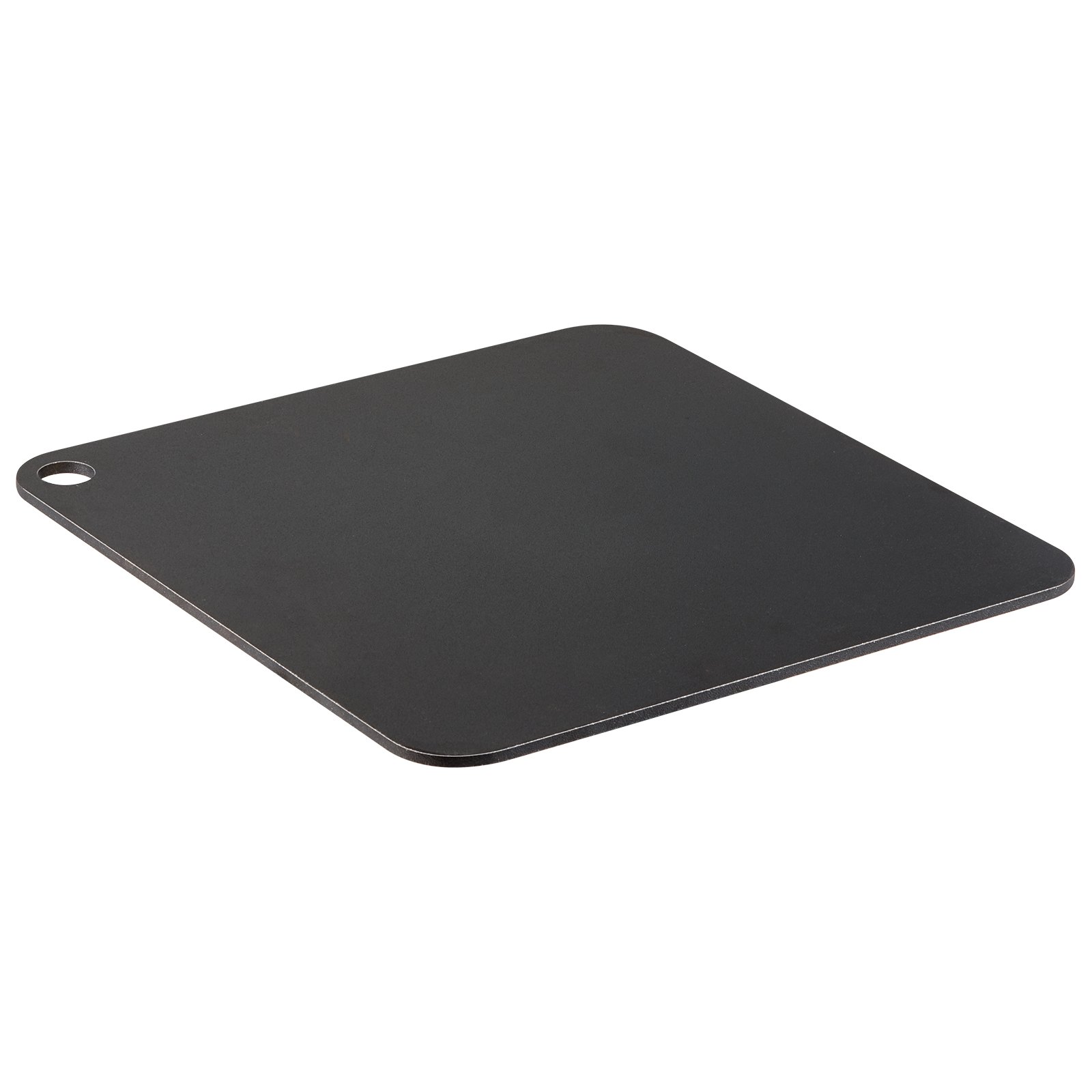 black VEVOR pizza steel with rounded corners and a hanging hole on a white background.