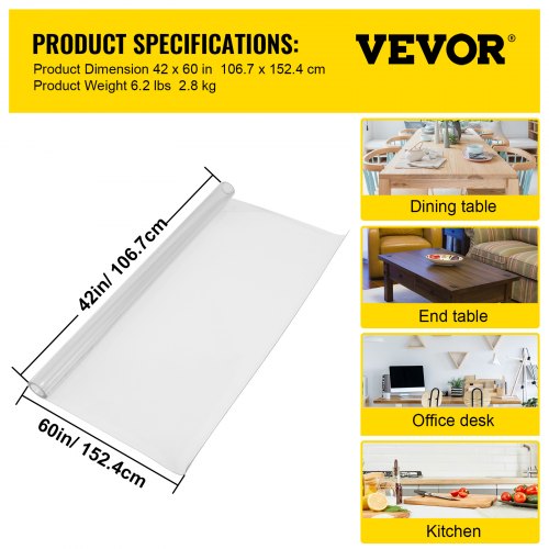 VEVOR Transparent PVC Tablecloth Waterproof Table Cover 42x60-in Desk Protector