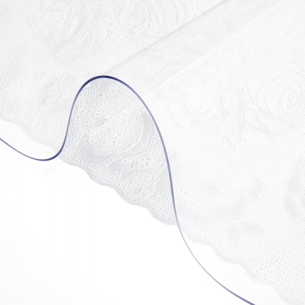 white floral-patterned VEVOR plastic table cover with a curved edge, showcasing intricate lace details.