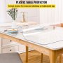 VEVOR plastic table cover protecting a wooden table with dishes and a vase of flowers in a bright dining room.