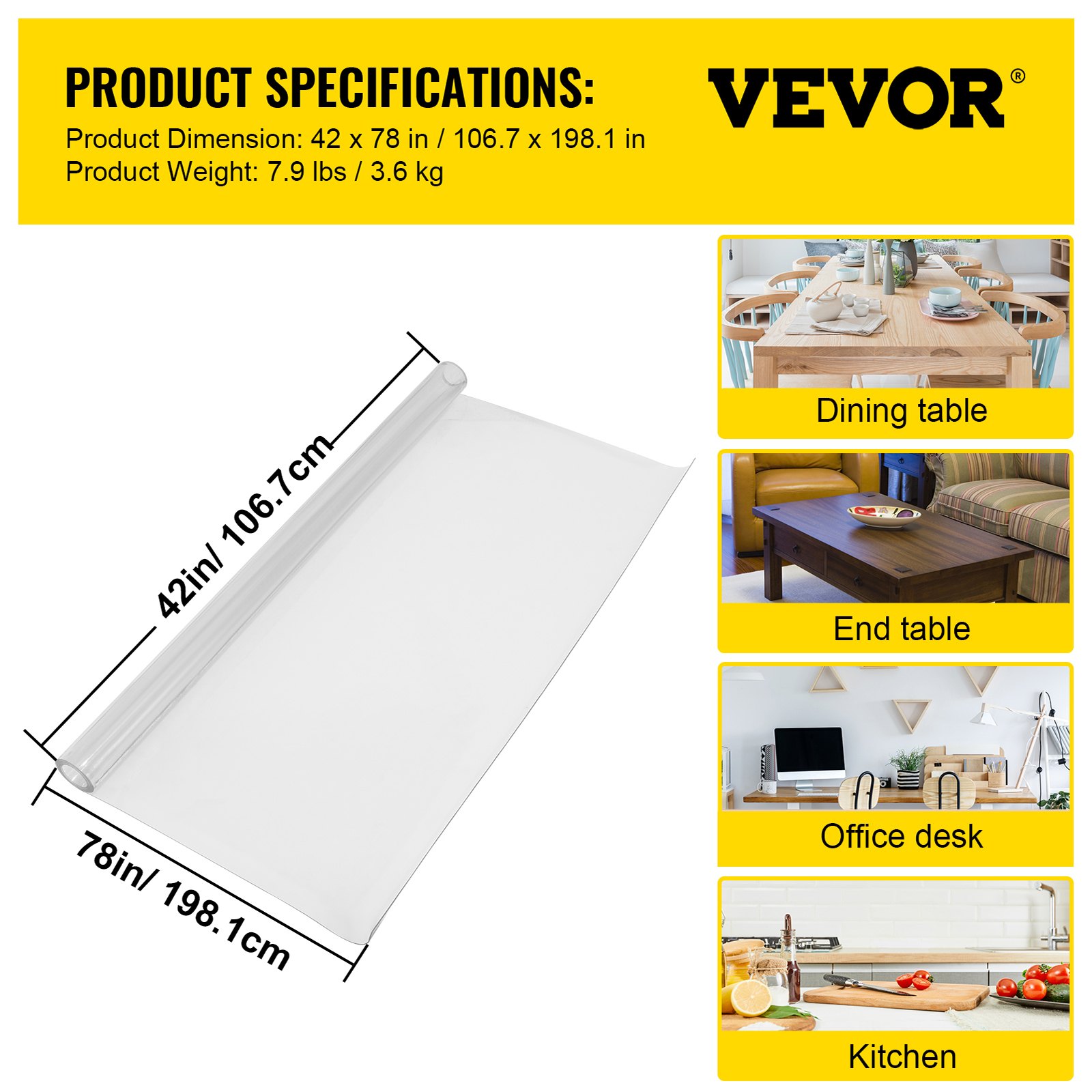 VEVOR Plastic Table Cover 42 x 78 Inch, 1.5 mm Thick Clear Table Protector, Rectangle Clear Desk Mat, Waterproof & Easy Cleaning for Office Dresser Night Stand