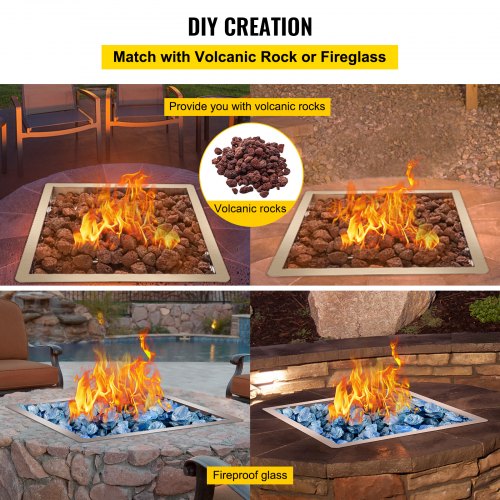VEVOR Drop in Fire Pit Pan, 24" x 24" Square Fire Pit Burner, Stainless Steel Gas Fire Pan, Fire Pit Burner Pan w/ 1 Pack Volcanic Rock Fire Pit Insert w/ 150K BTU for Keeping Warm w/ Family & Friends