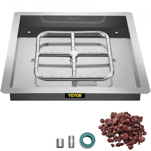 VEVOR Drop in Fire Pit Pan, 24" x 24" Square Fire Pit Burner, Stainless Steel Gas Fire Pan, Fire Pit Burner Pan w/ 1 Pack Volcanic Rock Fire Pit Insert w/ 150K BTU for Keeping Warm w/ Family & Friends