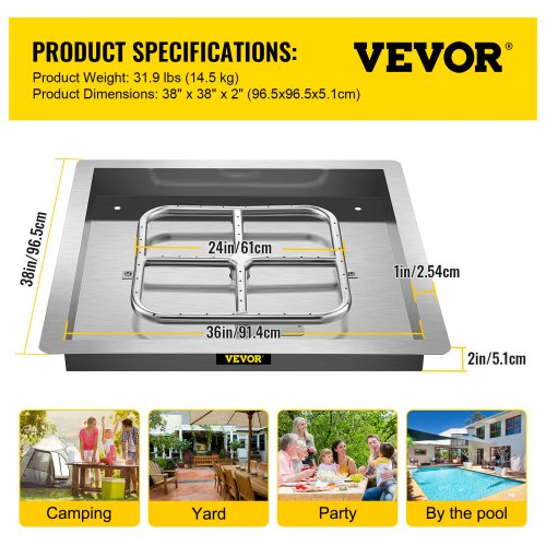 VEVOR Drop in Fire Pit Pan, 36" x 36" Square Fire Pit Burner, Stainless Steel Gas Fire Pan, Fire Pit Burner Pan w/ 1 Pack Volcanic Rock Fire Pit Insert w/ 300K BTU for Keeping Warm w/ Family & Friends