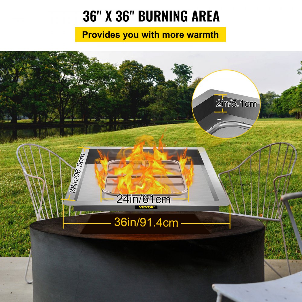 VEVOR Drop in Fire Pit Pan, 36" x 36" Square Fire Pit Burner, Stainless Steel Gas Fire Pan, Fire Pit Burner Pan w/ 1 Pack Volcanic Rock Fire Pit Insert w/ 300K BTU for Keeping Warm w/ Family & Friends