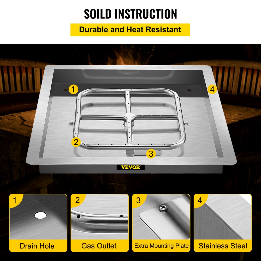 VEVOR Drop in Fire Pit Pan, 36" x 36" Square Fire Pit Burner, Stainless Steel Gas Fire Pan, Fire Pit Burner Pan w/ 1 Pack Volcanic Rock Fire Pit Insert w/ 300K BTU for Keeping Warm w/ Family & Friends