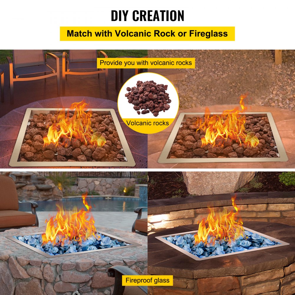VEVOR Drop in Fire Pit Pan, 36" x 36" Square Fire Pit Burner, Stainless Steel Gas Fire Pan, Fire Pit Burner Pan w/ 1 Pack Volcanic Rock Fire Pit Insert w/ 300K BTU for Keeping Warm w/ Family & Friends