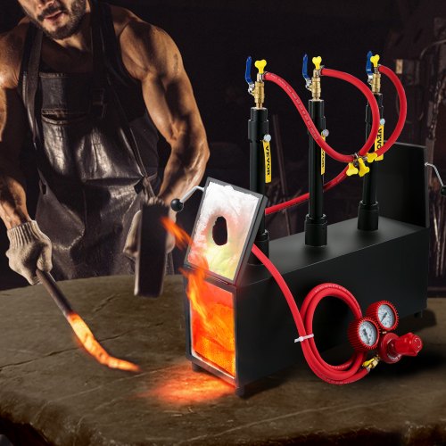 VEVOR Propane Knife Forge, Farrier Furnace with Three Burners, Portable Square Metal Forge with Two Durable Doors, Large Capacity, for Blacksmithing, Knife Making, Forging Tools and Equipment