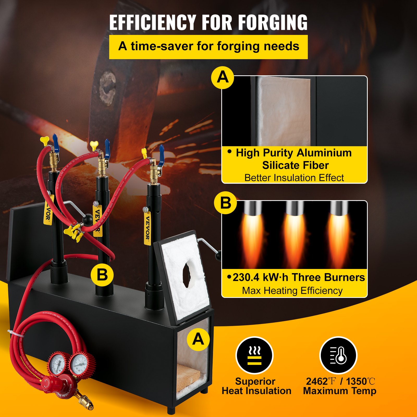 VEVOR Gas Propane Forge Furnace Burner Portable Three Burners Metal Tool Making