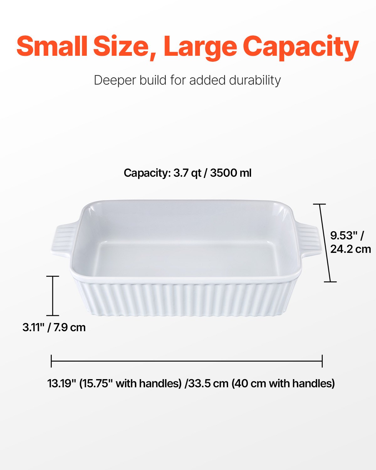 VEVOR Ceramic Baking Dish, Large 9" x 13" Pan, Rectangular Bakeware with Double Handles, Oven Secure, Lasagna Pan, Casserole Dish Deep for Baking and Serving, Thanksgiving & Christmas Present, White