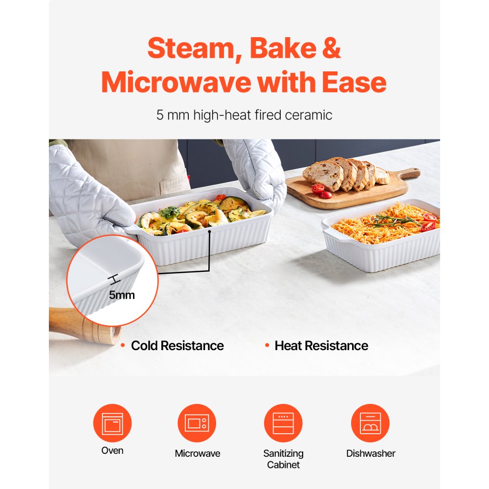 VEVOR Ceramic Baking Dish, 7" x 11", Bakeware Set of 2, Rectangular Casserole Dish Set, Baking Pans with Handles, Oven Secure, Lasagna Pans Deep for Cooking, Thanksgiving & Christmas Present, White