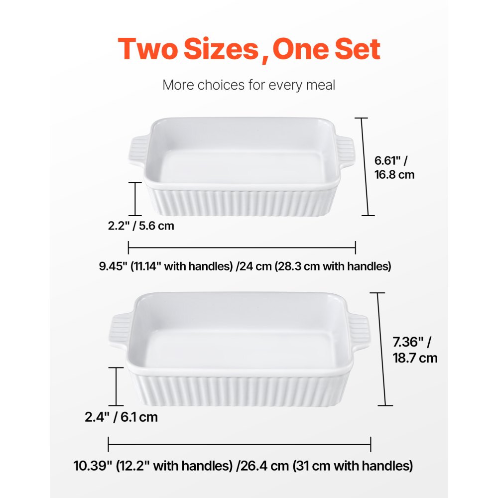 VEVOR Ceramic Baking Dish, 7" x 11", Bakeware Set of 2, Rectangular Casserole Dish Set, Baking Pans with Handles, Oven Secure, Lasagna Pans Deep for Cooking, Thanksgiving & Christmas Present, White