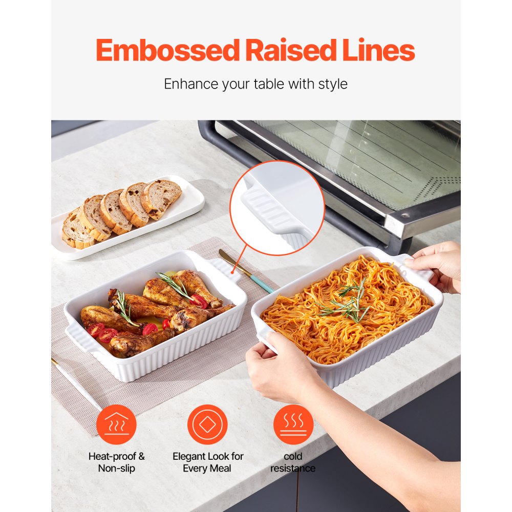 VEVOR Ceramic Baking Dish, 7" x 11", Bakeware Set of 2, Rectangular Casserole Dish Set, Baking Pans with Handles, Oven Secure, Lasagna Pans Deep for Cooking, Thanksgiving & Christmas Present, White