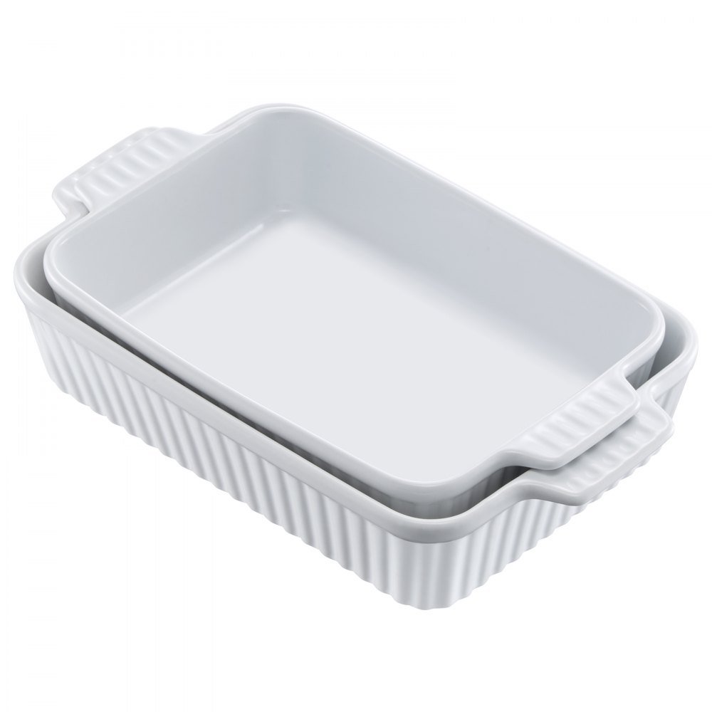 VEVOR Ceramic Baking Dish, 7" x 11", Bakeware Set of 2, Rectangular Casserole Dish Set, Baking Pans with Handles, Oven Secure, Lasagna Pans Deep for Cooking, Thanksgiving & Christmas Present, White