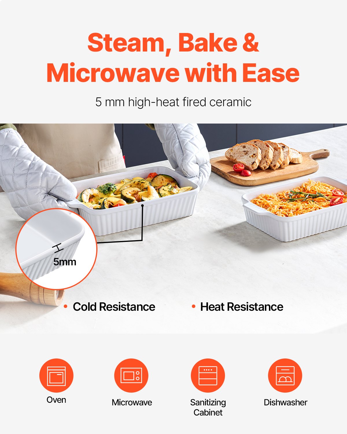 VEVOR Ceramic Baking Dish, 7" x 11", Bakeware Set of 2, Rectangular Casserole Dish Set, Baking Pans with Handles, Oven Secure, Lasagna Pans Deep for Cooking, Thanksgiving & Christmas Present, White