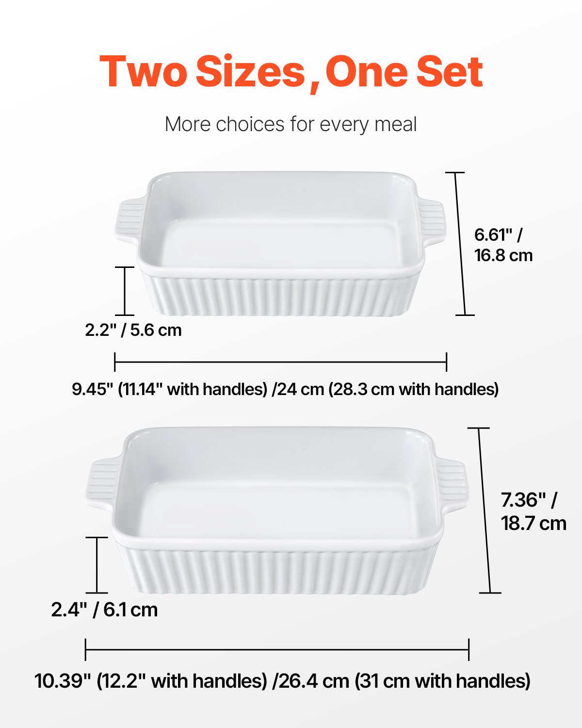 VEVOR Ceramic Baking Dish, 7" x 11", Bakeware Set of 2, Rectangular Casserole Dish Set, Baking Pans with Handles, Oven Secure, Lasagna Pans Deep for Cooking, Thanksgiving & Christmas Present, White