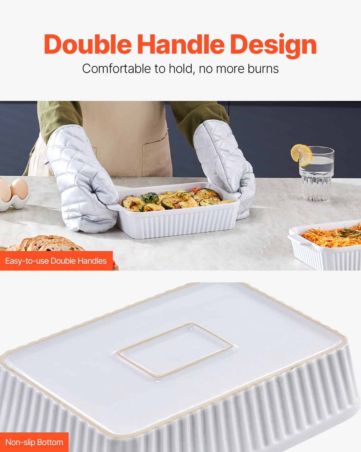 VEVOR Ceramic Baking Dish, 7" x 11", Bakeware Set of 2, Rectangular Casserole Dish Set, Baking Pans with Handles, Oven Secure, Lasagna Pans Deep for Cooking, Thanksgiving & Christmas Present, White