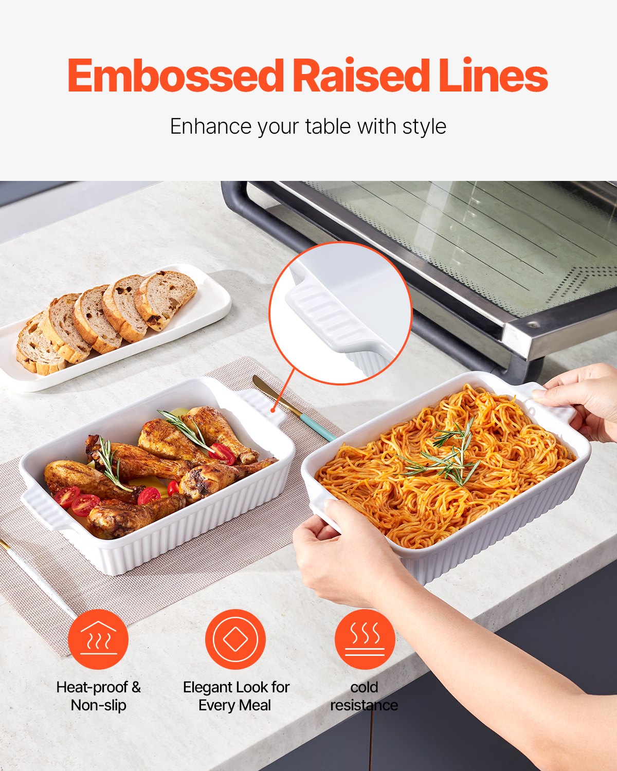 VEVOR Ceramic Baking Dish, 7" x 11", Bakeware Set of 2, Rectangular Casserole Dish Set, Baking Pans with Handles, Oven Secure, Lasagna Pans Deep for Cooking, Thanksgiving & Christmas Present, White