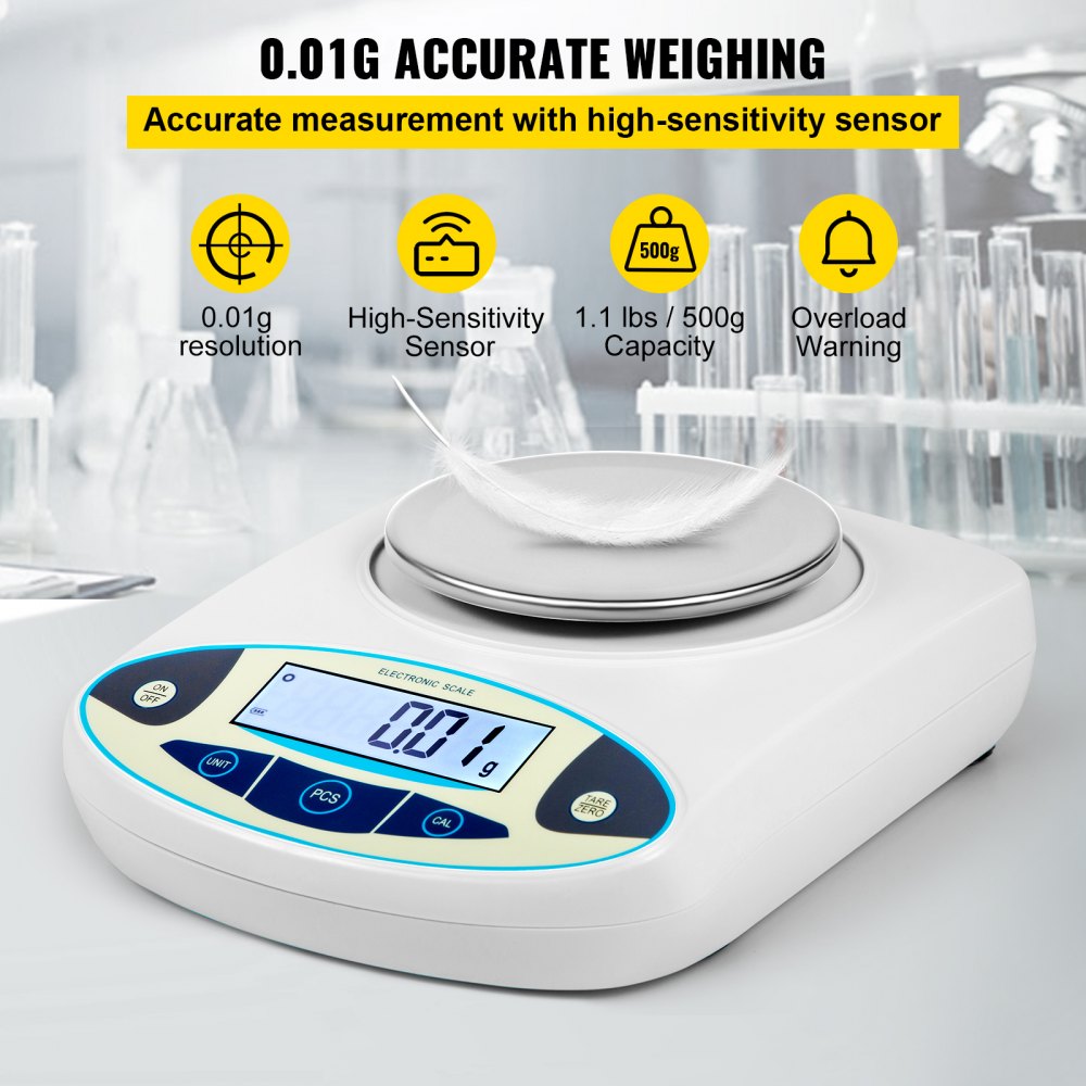 VEVOR Lab Scale Analytical Balance, 500g x 0.01g Accuracy High Precision Lab Scale 13 Units Conversion Scientific Digital Laboratory Balance Scale for Lab, Jewelry, Industrial, Business(500g, 0.01g)