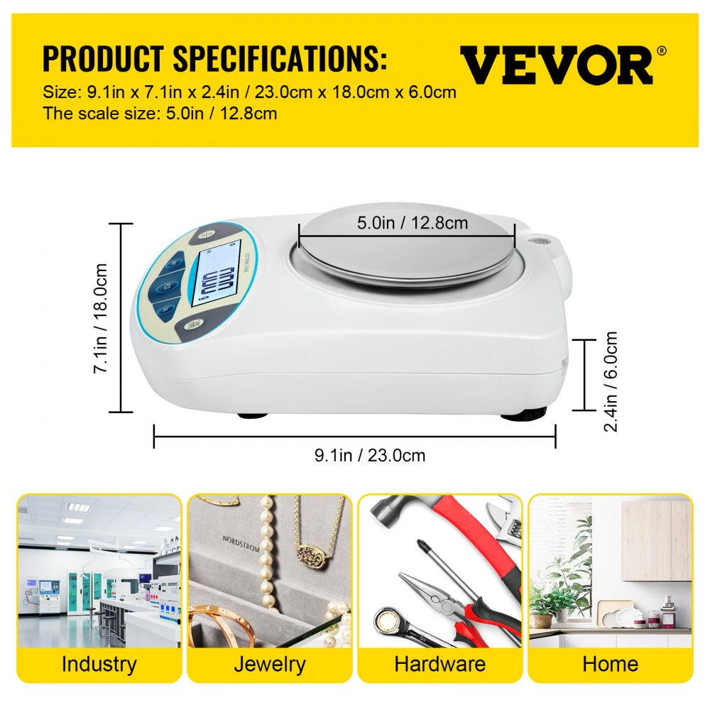 VEVOR Analytical Balance, 3000g x 0.01g Accuracy Lab Scale, High Precision Electronic Analytical Balance, 13 Units Conversion, Counting Function, LCD Display, for Lab University Jewelry (3000g, 0.01g)