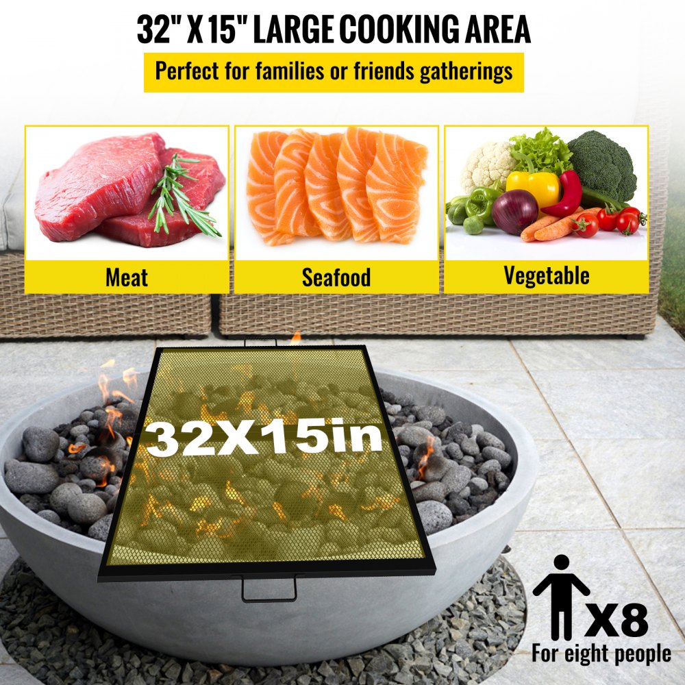 VEVOR Fire Pit Cooking Grill Grate 32 x 15 in Foldable Rectangle Campfire BBQ Rack, Heavy Duty X-Marks with Portable Handle & Support Wire for Outdoor Picnic Party & Gathering, Black