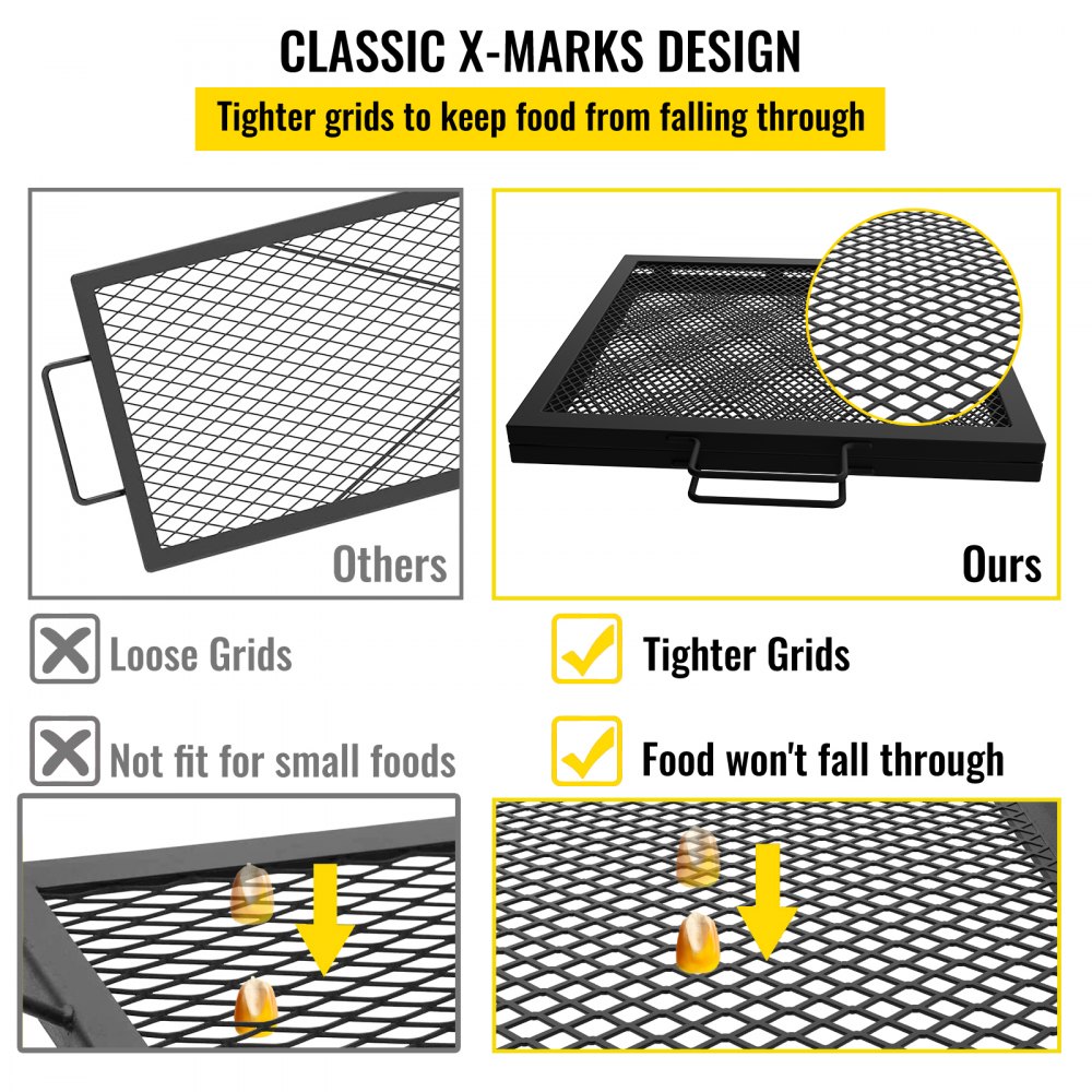VEVOR Fire Pit Cooking Grill Grate 32 x 15 in Foldable Rectangle Campfire BBQ Rack, Heavy Duty X-Marks with Portable Handle & Support Wire for Outdoor Picnic Party & Gathering, Black