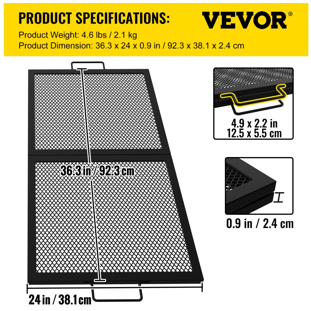 VEVOR Fire Pit Cooking Grill Grate 32 x 15 in Foldable Rectangle Campfire BBQ Rack, Heavy Duty X-Marks with Portable Handle & Support Wire for Outdoor Picnic Party & Gathering, Black