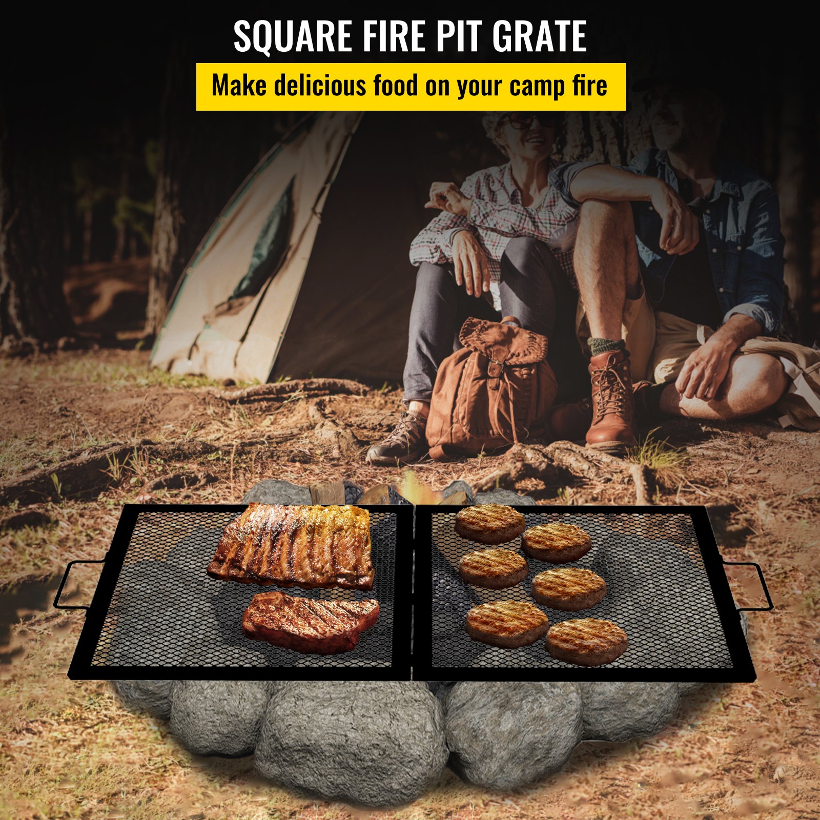 VEVOR Fire Pit Cooking Grill Grate 32 x 15 in Foldable Rectangle Campfire BBQ Rack, Heavy Duty X-Marks with Portable Handle & Support Wire for Outdoor Picnic Party & Gathering, Black