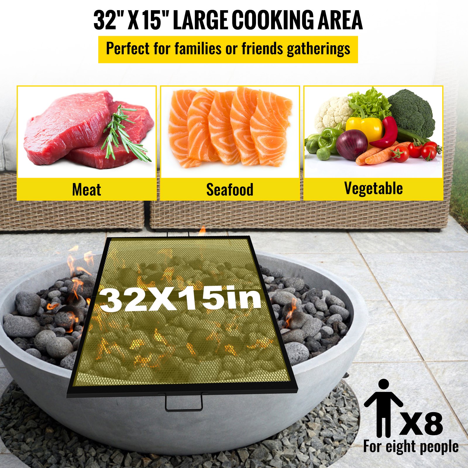 VEVOR Fire Pit Cooking Grill Grate 32 x 15 in Foldable Rectangle Campfire BBQ Rack, Heavy Duty X-Marks with Portable Handle & Support Wire for Outdoor Picnic Party & Gathering, Black