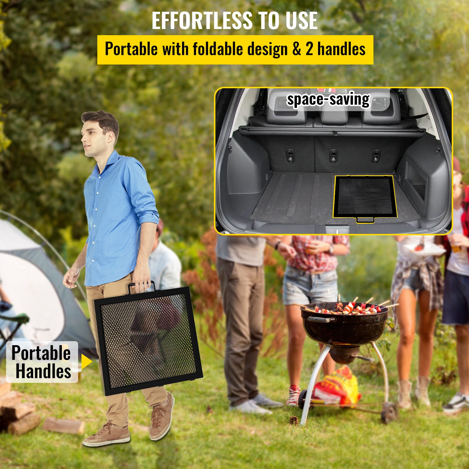 VEVOR Fire Pit Cooking Grill Grate 32 x 15 in Foldable Rectangle Campfire BBQ Rack, Heavy Duty X-Marks with Portable Handle & Support Wire for Outdoor Picnic Party & Gathering, Black